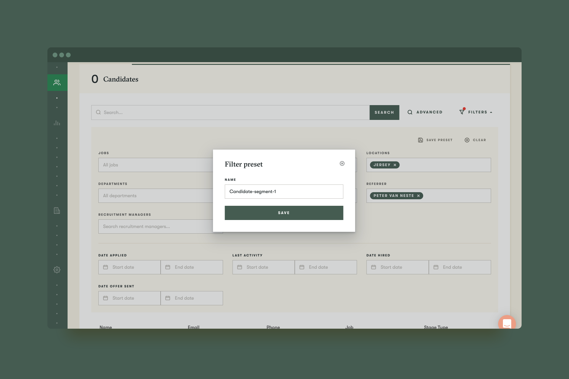 Screengrab of the saved candidate segments feature
